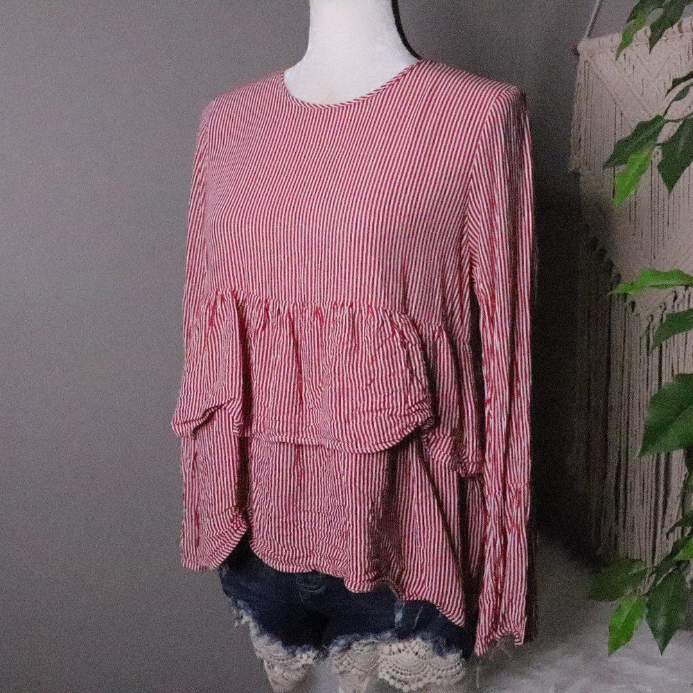 ‎Zara | Pinstriped Ruffled Long Sleeve Top Medium